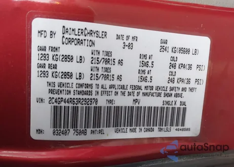 2003 Chrysler Town & Country Lx z USA, uszkodzony, nr VIN 2C4GP44R63R292970